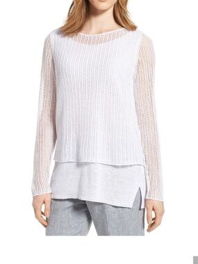 Eileen Fisher White Organic Linen Knit Mesh Overlay
Tiered Layered Sweater sz M